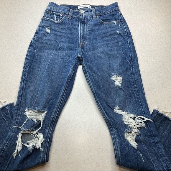 A&F High‎ Rise Mom Jean 25 Regular Ripped Dark Wash - Picture 4 of 8